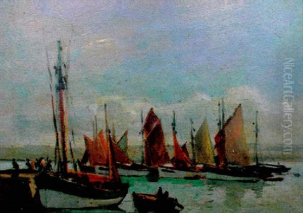 Thoniers Sous Voiles Pres De La Cale Oil Painting by Paul Bernard Morchain