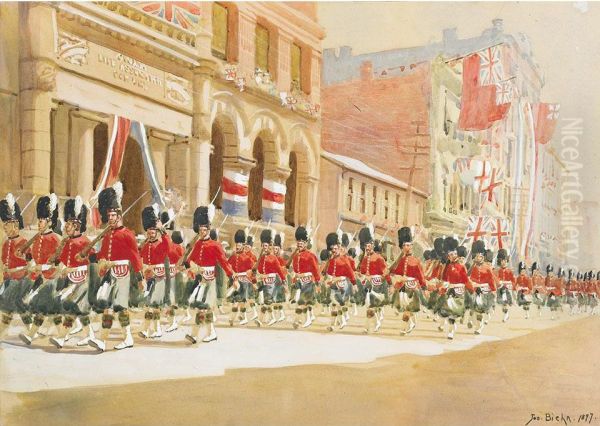 48th Highlanders, King St., Toronto, Jubilee Day, 22nd June 1897 Oil Painting by Joshua Joseph Biehn /