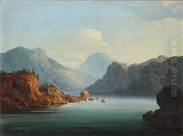 Fjord Scenes From Norway (pair) Oil Painting by Gustav Adolph Mordt