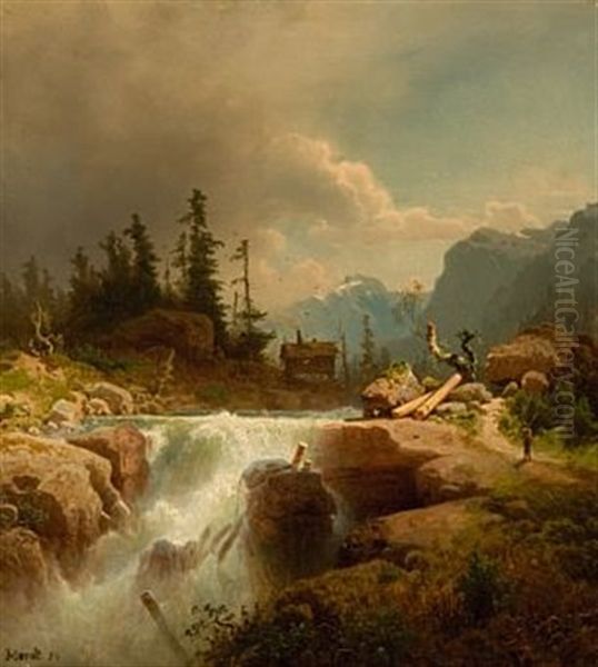 Landskap Med Foss Oil Painting by Gustav Adolph Mordt