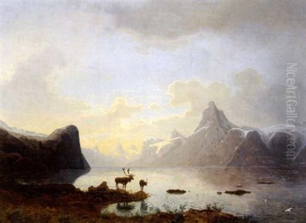 Fjellandskap Med Reinsdyr Oil Painting by Gustav Adolph Mordt