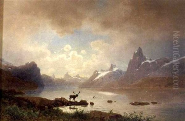 Et Reinsdyr Ved Fjellvann by Gustav Adolph Mordt