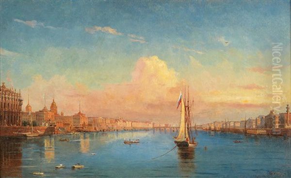 A View Of The Neva River From The Stock Exchange Oil Painting by Alexandr Nikolaevich Mordvinov