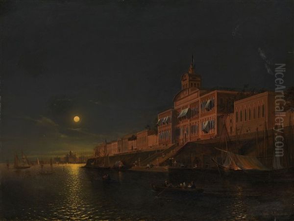 Moonlit Night On An Italian Lagoon Oil Painting by Alexandr Nikolaevich Mordvinov