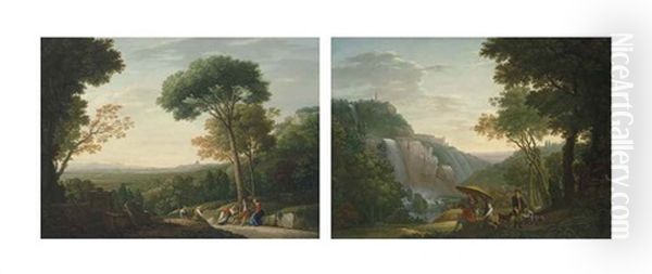 The Campagna Viewed From The North, With Rome In The Distance And Figures In The Foreground; And The Falls At Tivoli And The Villa Of Maecenas, With Figures In The Foreground Oil Painting by Jacob More