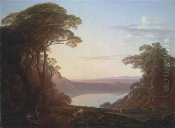 A View Of Lake Albano, Near Rome, With Figures Resting In The Foreground, Castel Gandolfo Beyond Oil Painting by Jacob More