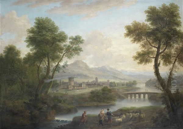 Shepherds And A Shepherdess Driving Their Flocks Along The River Bank, A Walled Town In The Distance Oil Painting by Jacob More