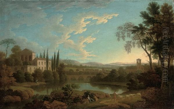 An Italianate River Landscape With A Shepherd In The Foreground, A Villa Beyond Oil Painting by Jacob More