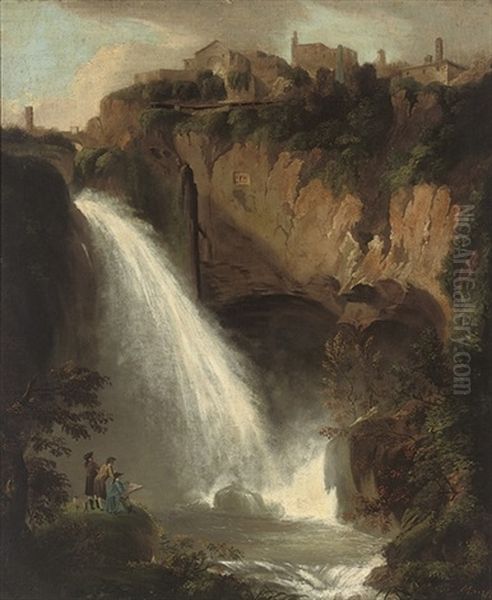 A River Landscape With Figures Sketching By A Waterfall Oil Painting by Jacob More