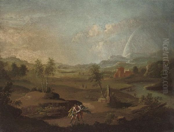 An Extensive River Landscape With Jacob Wrestling With The Angel Oil Painting by Jacob More