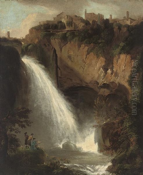 A Landscape With A Waterfall, Figures Sketching In The Foreground, A Town Above Oil Painting by Jacob More