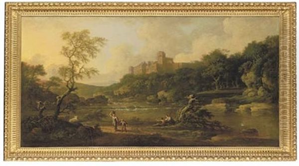 View Of Rosslyn Castle, Midlothian, Scotland, With Figures In The Foreground Oil Painting by Jacob More