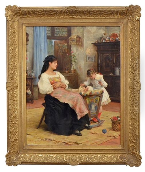 L'heureuse Mere. Interior Med Mor Och Barn Oil Painting by Georges Moreau de Tours