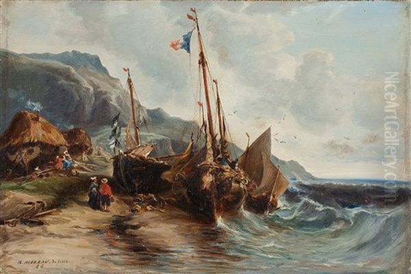 Gestrandete Segelboote An Der Sturmischen Atlantikkuste Oil Painting by Georges Moreau de Tours