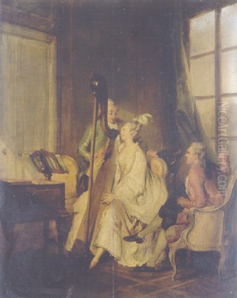 L'accord Parfait: A Lady Playing The Harp For Two Young Men Oil Painting by Jean Michel Moreau le Jeune