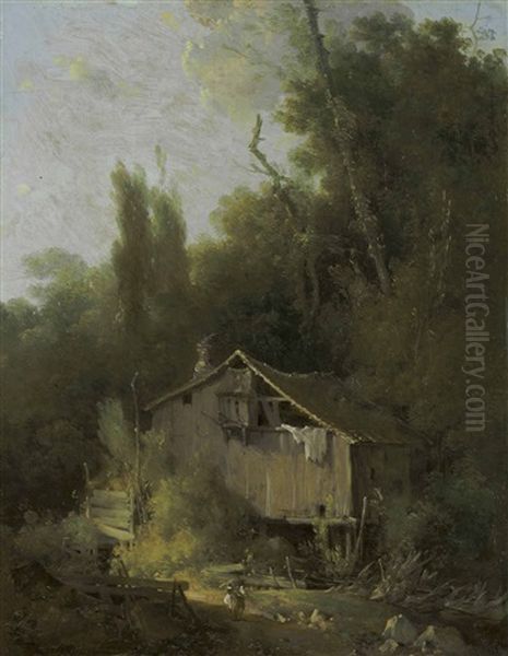 A Rustic Water Mill With Two Figures In A Landscape Oil Painting by Louis Gabriel Moreau the Elder