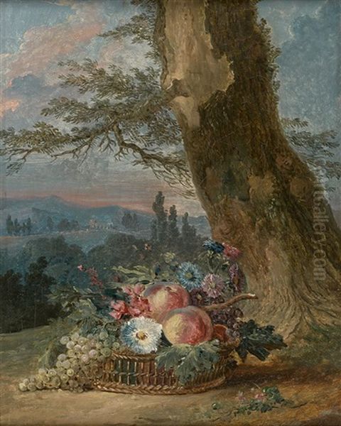 Corbeille De Fruits Et De Fleurs Dans Un Paysage Oil Painting by Louis Gabriel Moreau the Elder