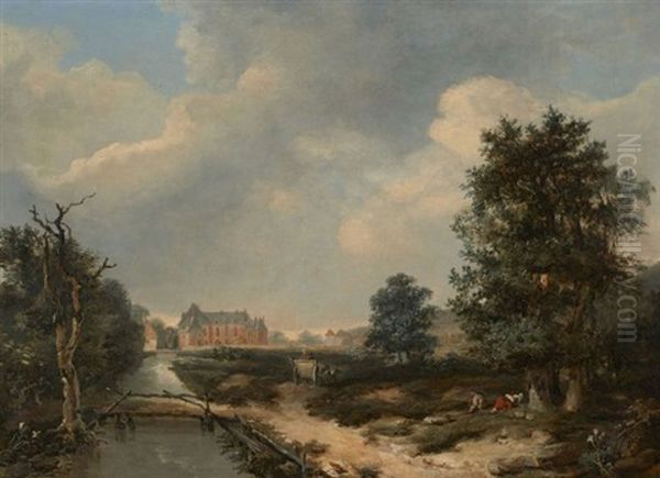 Paysage De Riviere Anime De Personnages Oil Painting by Louis Gabriel Moreau the Elder