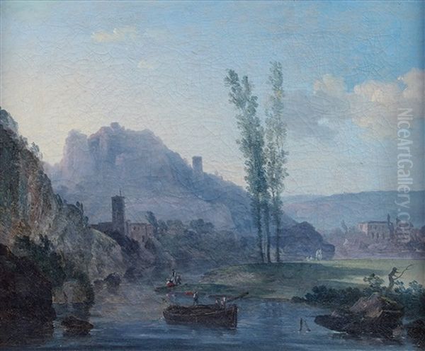 Paysage En Bord De Riviere Oil Painting by Louis Gabriel Moreau the Elder