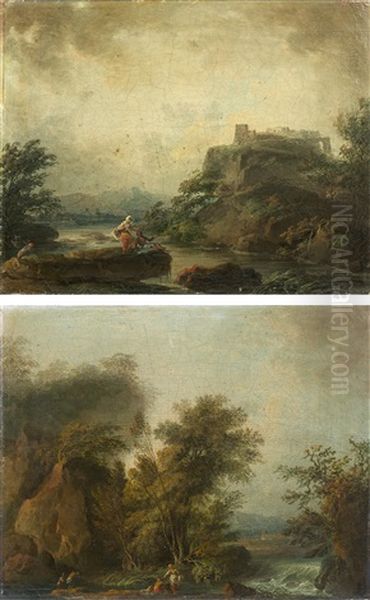 Paysages Animes (pair) Oil Painting by Louis Gabriel Moreau the Elder