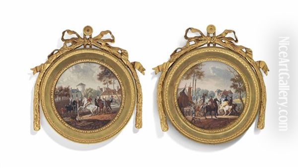 Two 18th Century Miniature Scenes: An Open-air Theatre Performance, And Figures On Horseback In A Village Oil Painting by Louis Gabriel Moreau the Elder