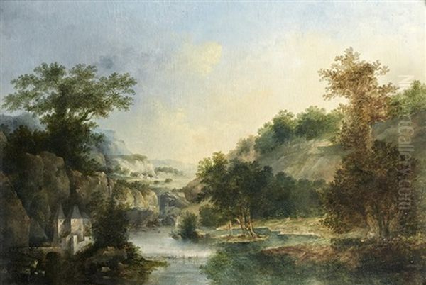 Chateau Fort En Bordure D'une Riviere Oil Painting by Louis Gabriel Moreau the Elder