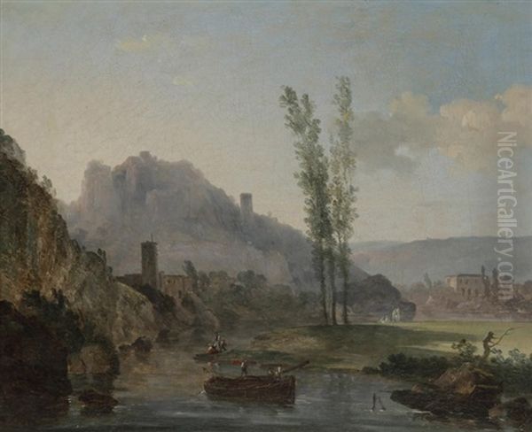 Bord De Riviere Avec Une Barque Oil Painting by Louis Gabriel Moreau the Elder