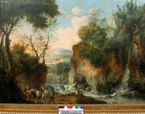 Paysage A La Riviere Au Milieu De Collines Et Rocheux Oil Painting by Louis Gabriel Moreau the Elder