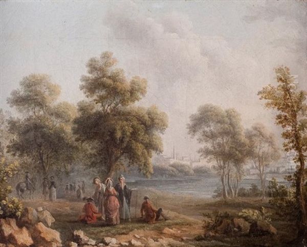 Personnages Pres D'un Fleuve Oil Painting by Louis Gabriel Moreau the Elder