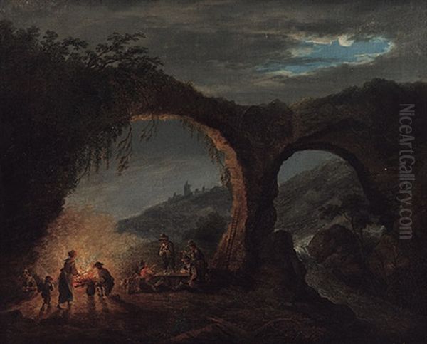 Abendstimmung Mit Rastenden Vor Grosem Feuer Unter Steinerner Bogenbrucke Mit Seitlichem Katarakt Oil Painting by Louis Gabriel Moreau the Elder