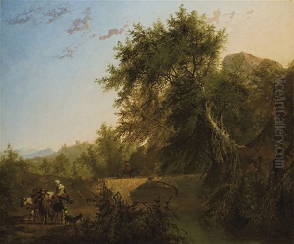 A Landscape With A Bridge And Peasants Oil Painting by Louis Gabriel Moreau the Elder