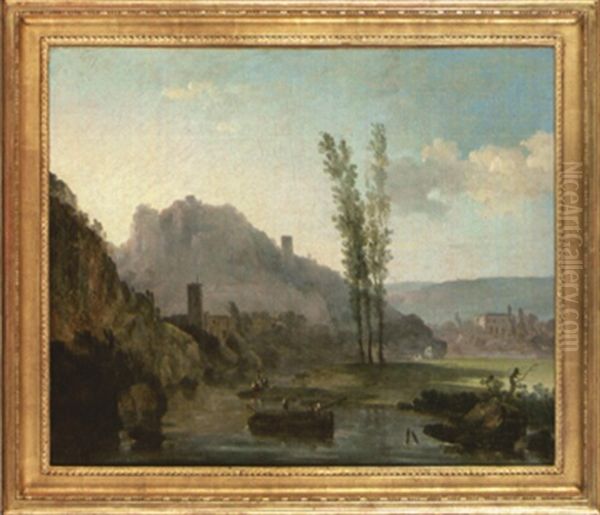 Bord De Riviere, Avec Une Barque Au Premier Plan Et Quelques Personnages Oil Painting by Louis Gabriel Moreau the Elder