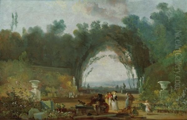 Vue D'une Terrasse, A Saint-cloud(?) Oil Painting by Louis Gabriel Moreau the Elder