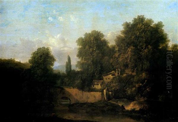 Paysage Fluvial Avec Une Ferme Pres D'un Pont Oil Painting by Louis Gabriel Moreau the Elder