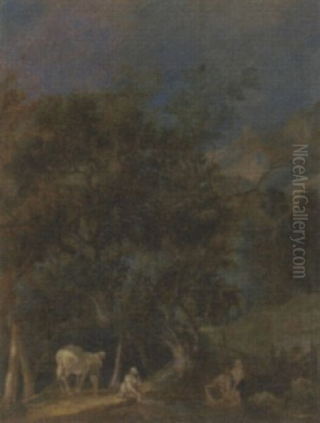 A Wooded Landscape With Washerwomen At A River Oil Painting by Louis Gabriel Moreau the Elder