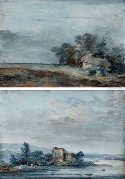 A House On A Peninsula, Mountains Beyond by Louis Gabriel Moreau the Elder