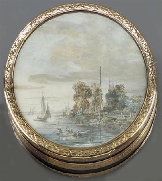 A Riverside Landscape With A Fishing Boat And Sailing Vessels Oil Painting by Louis Gabriel Moreau the Elder