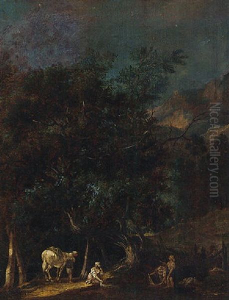 A Wooded Landscape With Washerwomen And A Traveller In A Clearing Oil Painting by Louis Gabriel Moreau the Elder