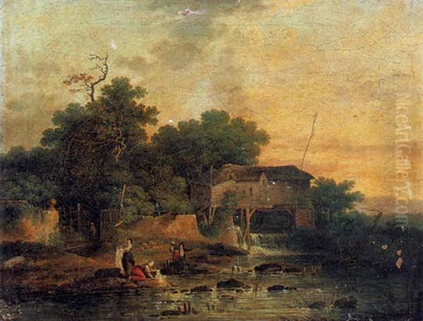 Paysage De Riviere Avec Un Moulin A Eau Et Des Lavandieres Oil Painting by Louis Gabriel Moreau the Elder