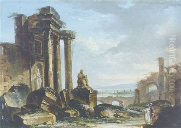 Classical Ruins With Figures Conversing In The Foreground Oil Painting by Louis Gabriel Moreau the Elder