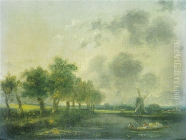 Paysage Fluvial Avec Berger Et Troupeau Sur Un Bac Oil Painting by Louis Gabriel Moreau the Elder