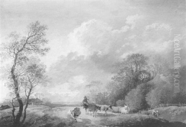 An Extensive Landscape With A Herdsman And Cows On A Road Oil Painting by Louis Gabriel Moreau the Elder