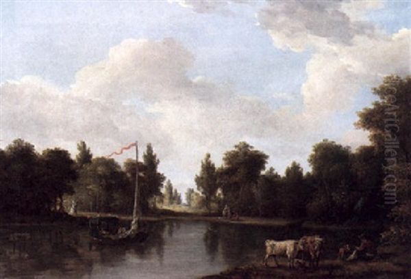 River Landscape With Figures, Cattle And A Sailing Barge Oil Painting by Louis Gabriel Moreau the Elder