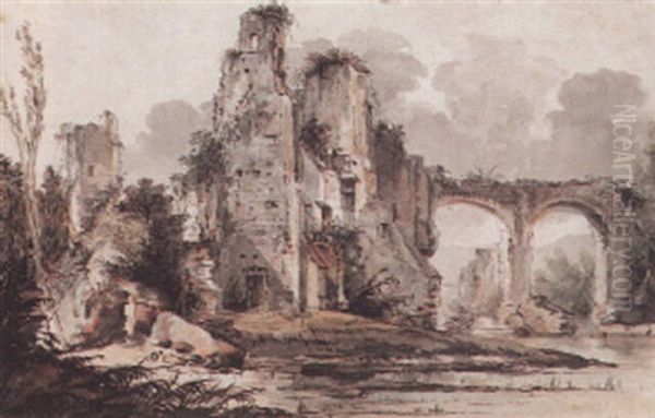 A View Of Ruins By A River Oil Painting by Louis Gabriel Moreau the Elder