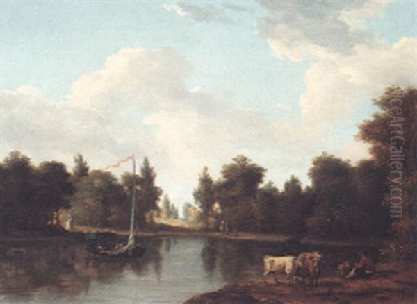 River Landscape With Figures, Cattle And A Sailing Barge Oil Painting by Louis Gabriel Moreau the Elder