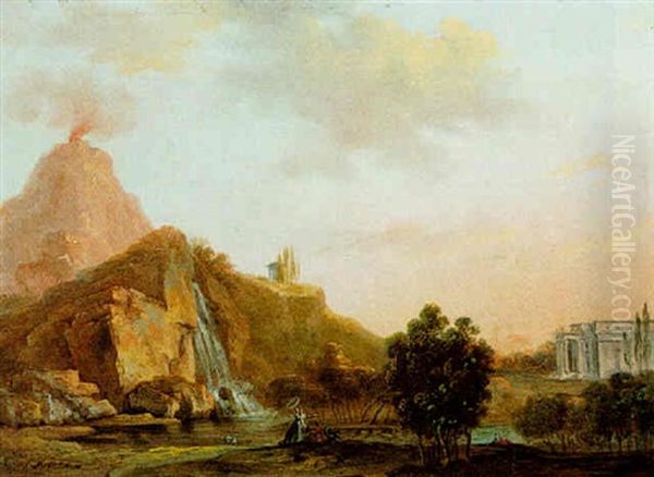 Classical Landscape With Elegant Figures By A Waterfall, A Villa And A Volcano In The Background by Louis Gabriel Moreau the Elder