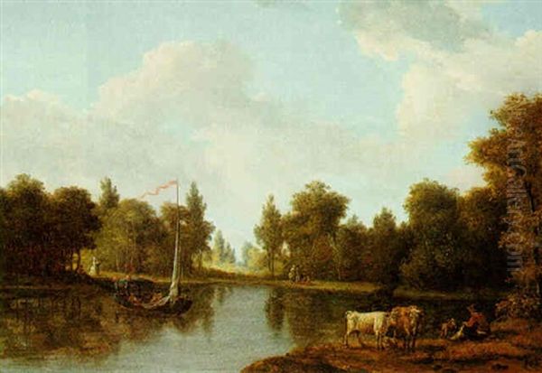 River Landscape With Figures, Cattle And A Sailing Barge Oil Painting by Louis Gabriel Moreau the Elder