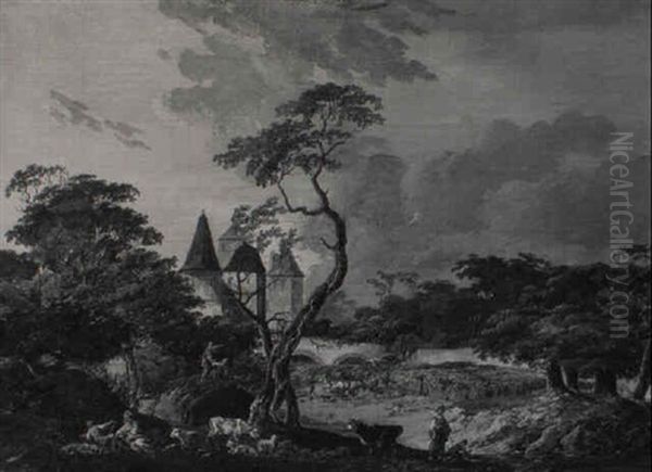 A Wooded River Landscape With Herdsmen And Cattle By A Castle Oil Painting by Louis Gabriel Moreau the Elder