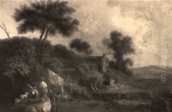 An Extensive Landscape With Shepherds Watering Cattle And Sheep In A River Oil Painting by Louis Gabriel Moreau the Elder