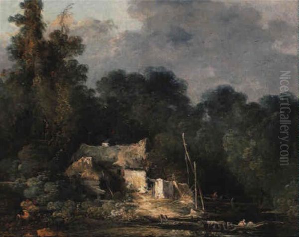 A Wooded Landscape With A Cottage By A River Oil Painting by Louis Gabriel Moreau the Elder